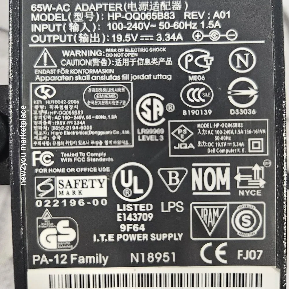 Genuine Dell AC Adapter For Inspiron 6000 6400 8500 8600 Laptop Charger 65W -AC
